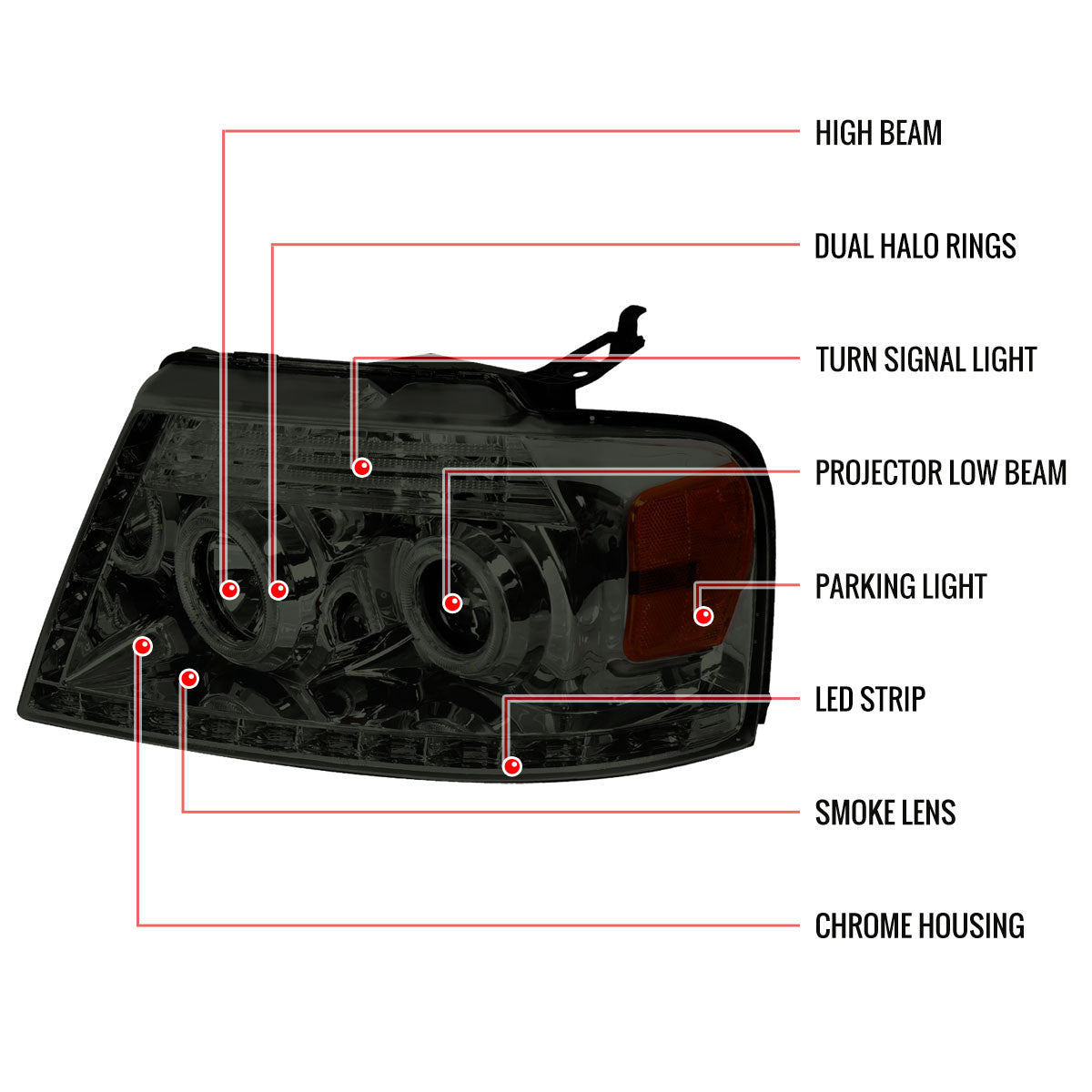 2004-08 Ford F150 Projector Headlights LED strip Chrome