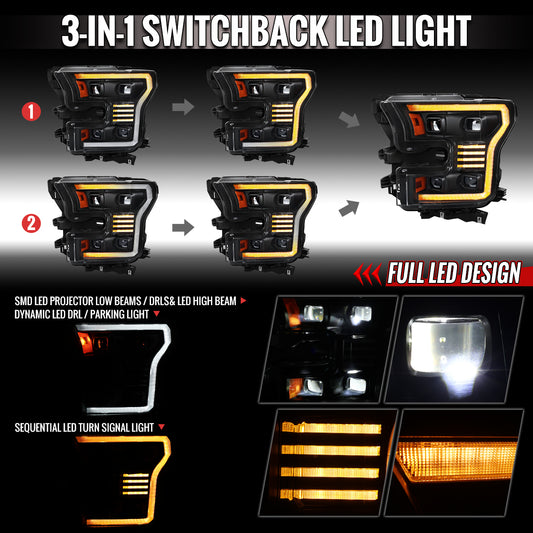 Spec-D 2015-2017 Ford F-150 Black Projector Headlights Sequential LED DRL