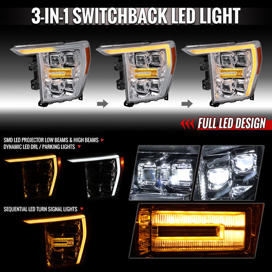 Spec-D 2021-2023 Ford F-150 chrome LED projector headlights clear lens sequential