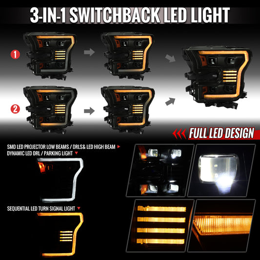 Spec-D 2015-2017 Ford F-150 Smoked Projector Headlights Sequential LED DRL