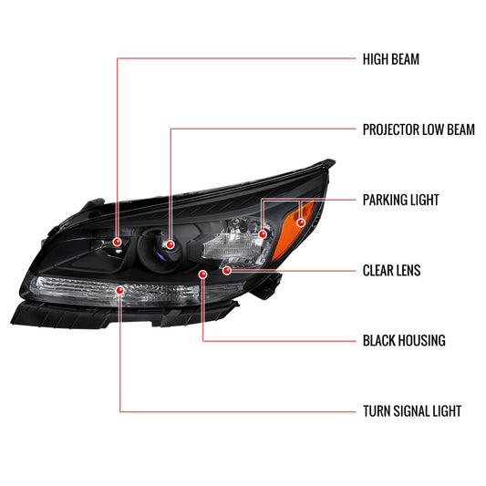 2013-2016 Chevy Malibu OEM Style Projector Spec-D Headlights Black