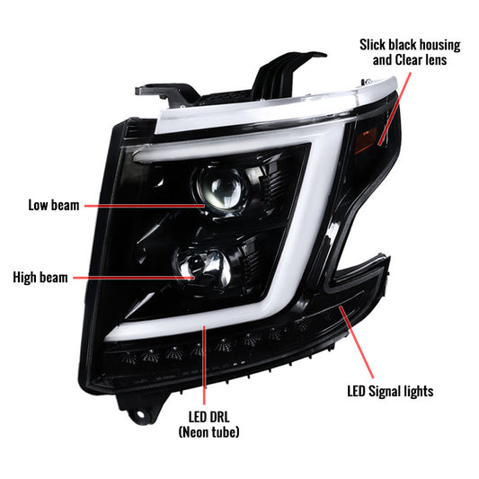 2015-2020 Chevy Tahoe Projector Spec-D Headlights LED Bar Black