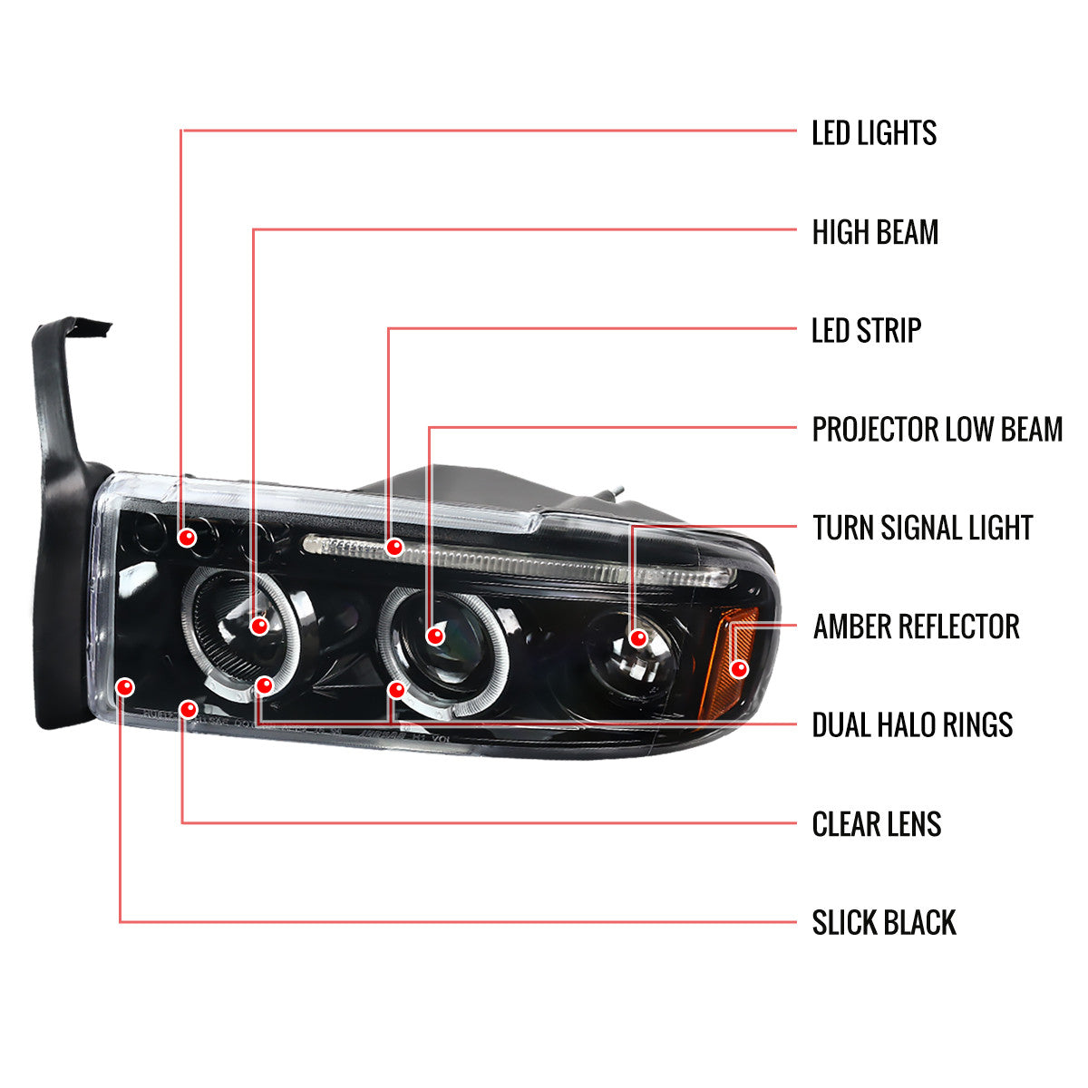 Spe-D 1994-2001 Dodge Ram 3500 Halo Projector Spec-D Headlights Black