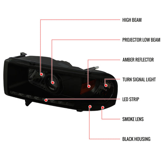 1994-2001 Dodge Ram 3500 Projector Spec-D Headlights LED Smoked