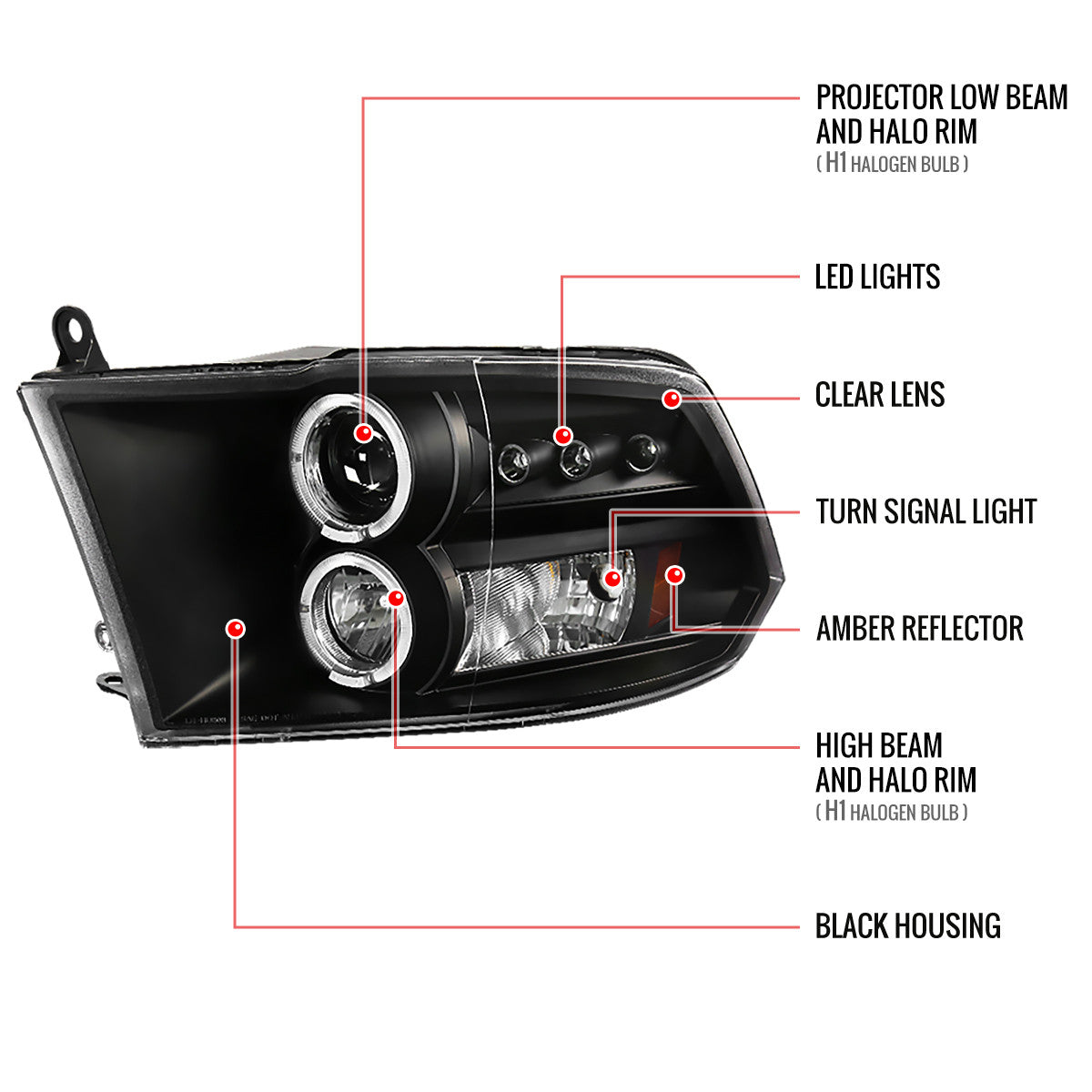 Spe-D 2009-2018 Dodge Ram Halo Projector Spec-D Headlights Sequoia LED Black