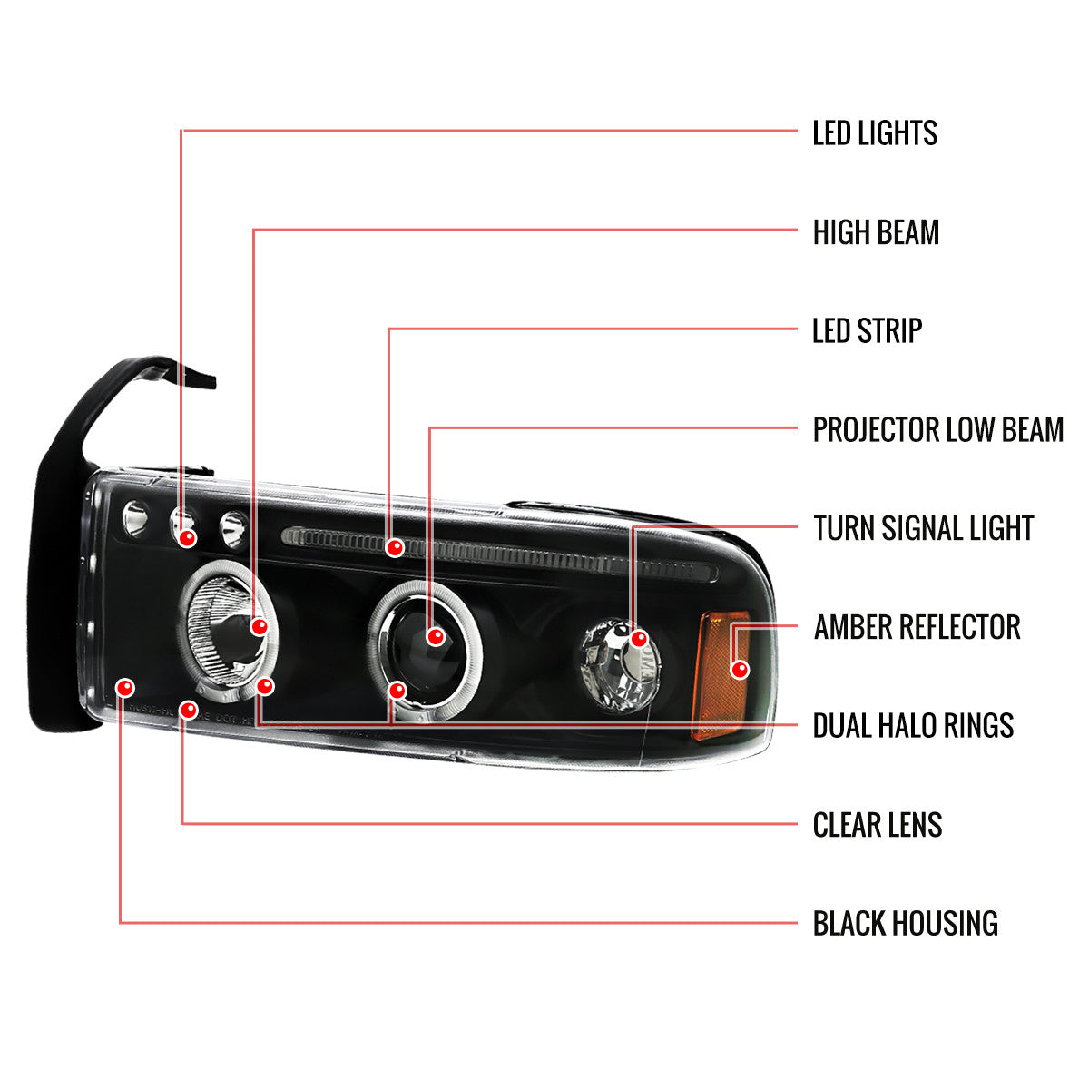 Spec-D 94-01 Dodge Ram Halo LED Projector Headlights Black