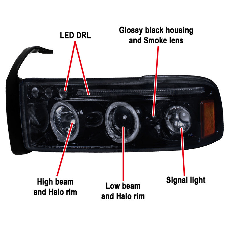 Spec-D 94-01 Dodge Ram Dual Halo Pro Headlights Black Smoked