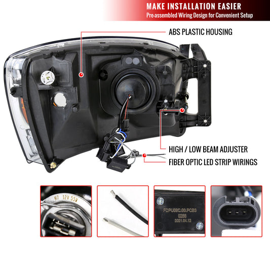 2006-2008 Dodge Ram LED Bar Projector Spec-D Headlights Chrome