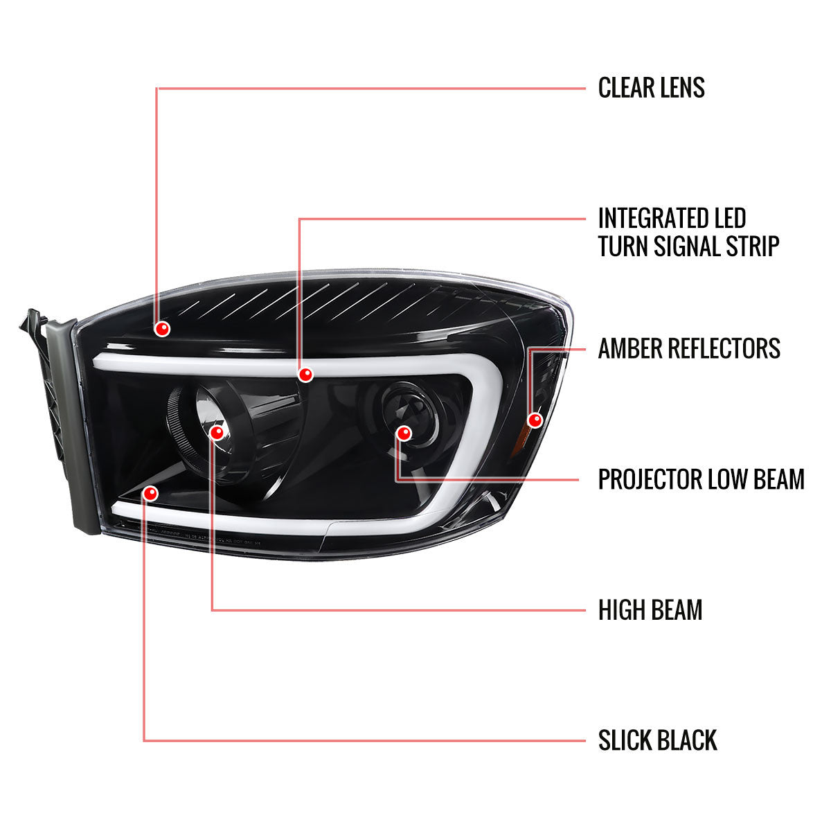 Spe-D 2006-2008 Dodge Ram LED Bar Projector Spec-D Headlights Black Clear