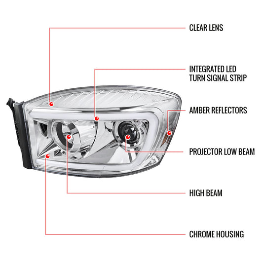 2006-2008 Dodge Ram LED C-Bar Spec-D Headlights Chrome