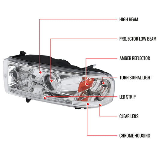 1994-2001 Dodge Ram Projector Spec-D Headlights Chrome