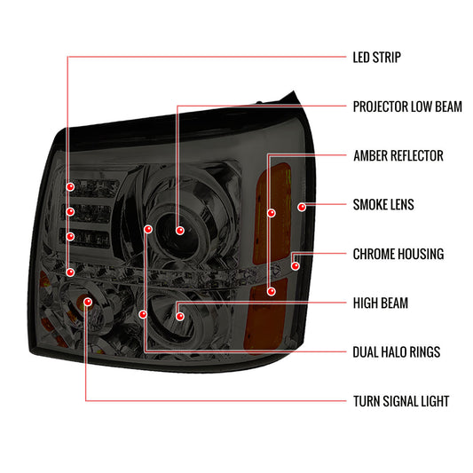 2002-2006 Escalade Halo Projector Spec-D Headlights Chrome Smoked