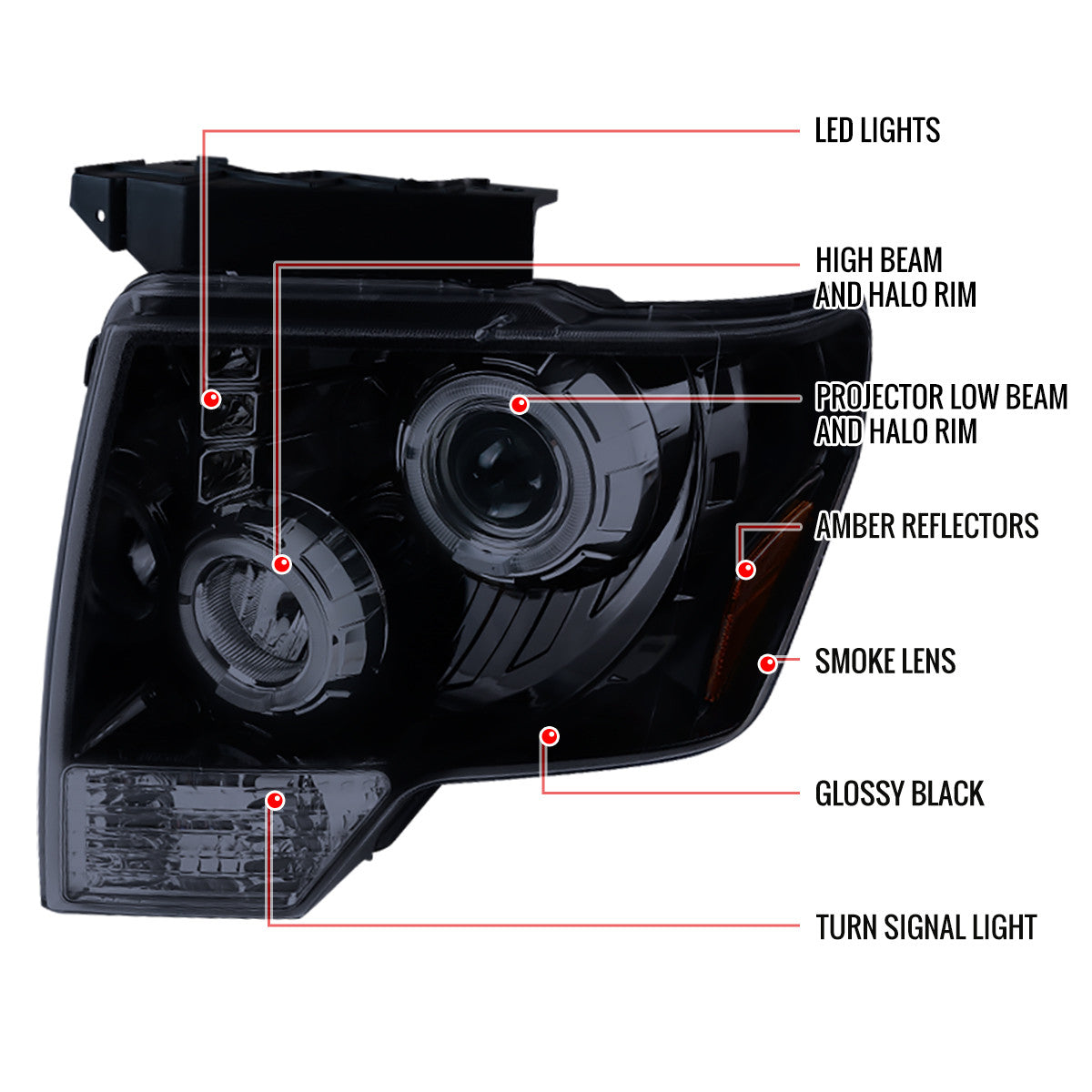 2LHP-F15009BK-G2-TM 2009-14 Ford F150 Projector Headlights LED Bar Black Clear