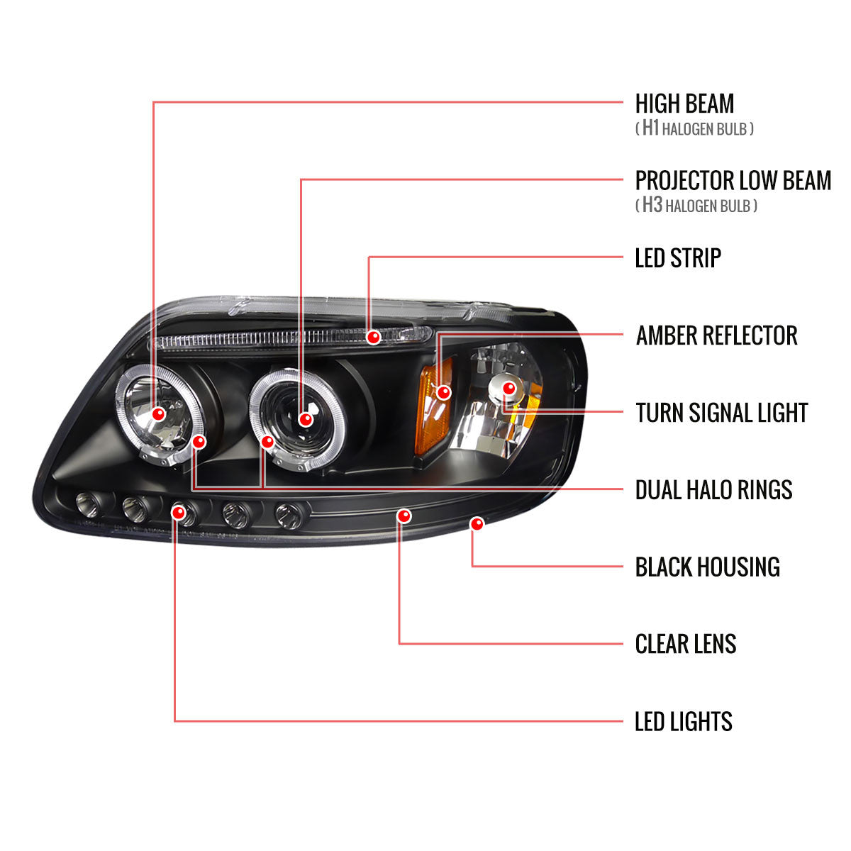 2LHP-F15097G-G2-TM 1997-04 Ford F150 97-02 Expedition Black Headlights Smokedd