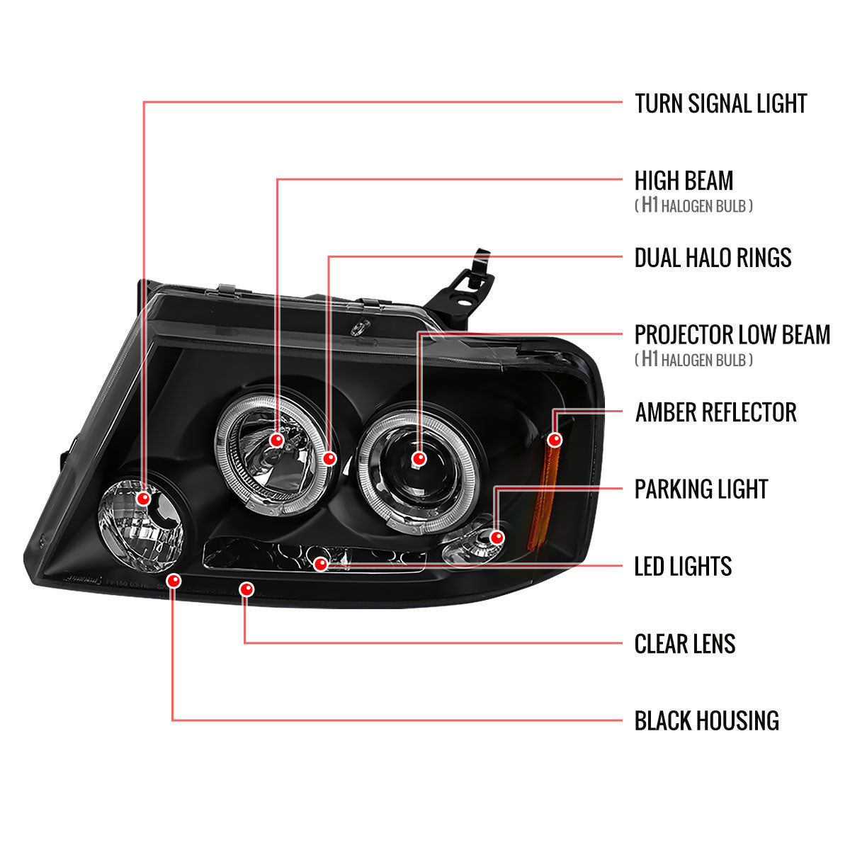 2LHP-F15004G-TM 2004-08 Ford F150 Halo Projector Headlights Black Smokedd