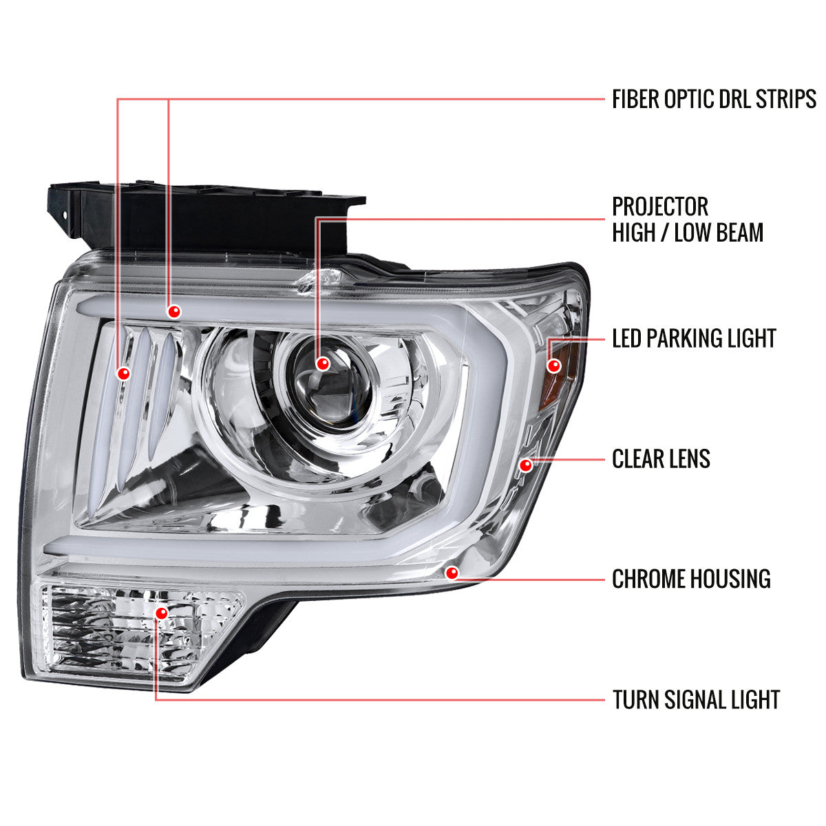 2LHP-F15004-TM 2004-08 Ford F150 Halo LED Projector Headlights Chrome