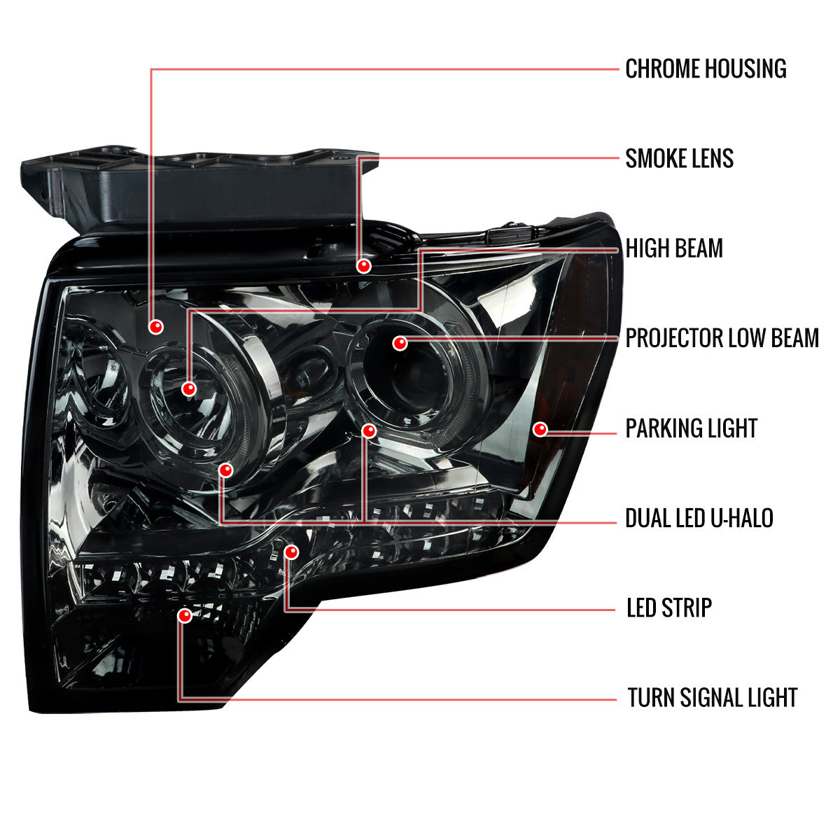 2LHP-F15009-8-RS 2009-14 Ford F150 Projector Headlights Chrome