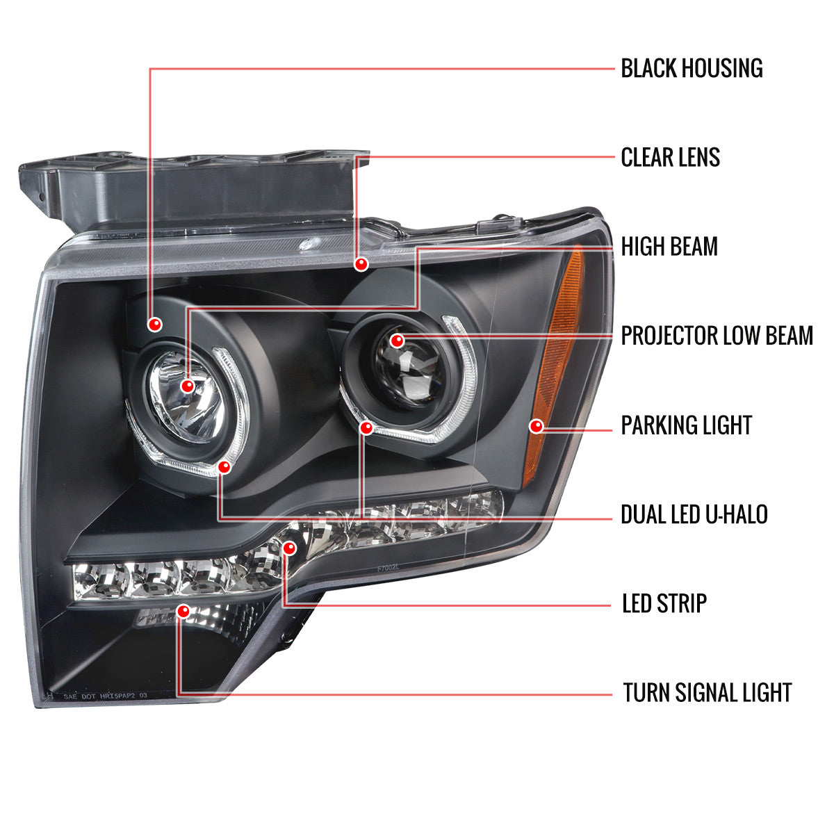2LHP-F15009G-OZ 2009-14 Ford F150 U-Ring Halo Projector Headlights LED Smokedd