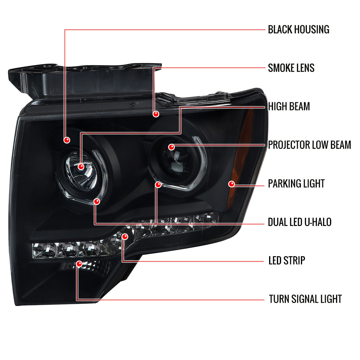 2LHP-F15009JM-OZ 2009-14 Ford F150 U-Ring Halo Projector Headlights Black