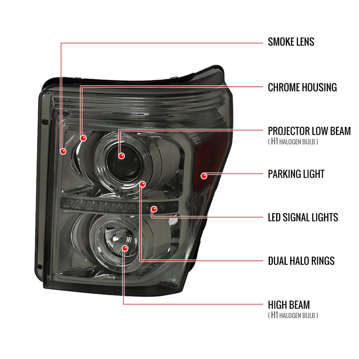 2LHP-F25008JM-RS 2008-10 Ford F250 Projector Headlights LED Bar Black