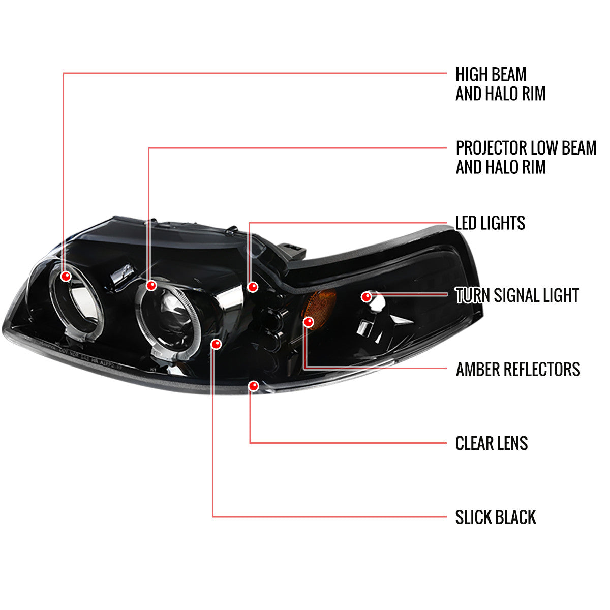 2LHP-MST15JM-RS 2015-20 Mustang LED Bar Projector Headlights Black