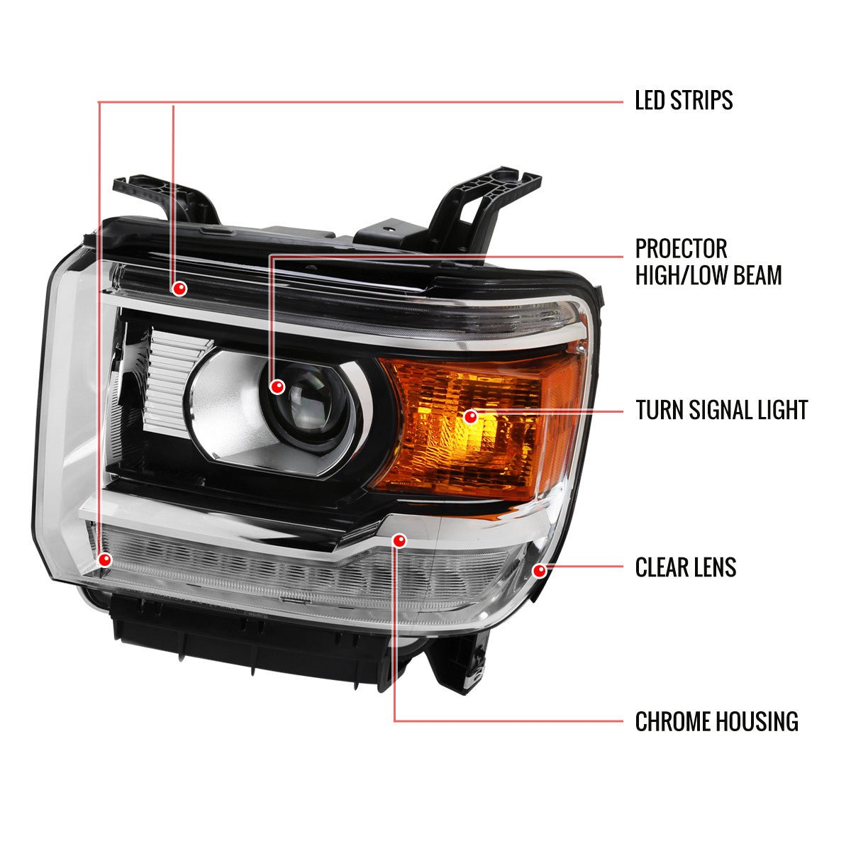 Spe-D 2014-2019 GMC Sierra Projector Spec-D Headlights LED Strip Chrome