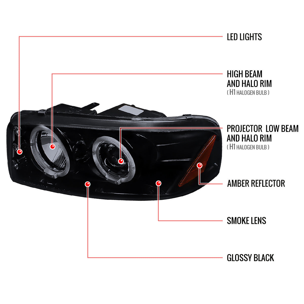 2LHP-DAK05-TM 2005-07 Dodge Dakota Halo Projector Headlights Chrome