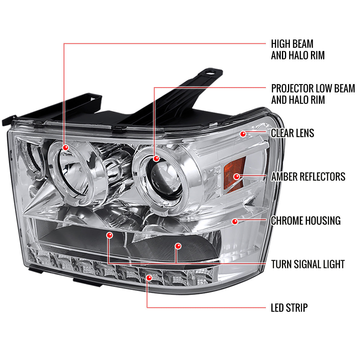 2LHP-SIE07-G2-TM 2007-14 GMC Sierra Projector Headlights Chrome