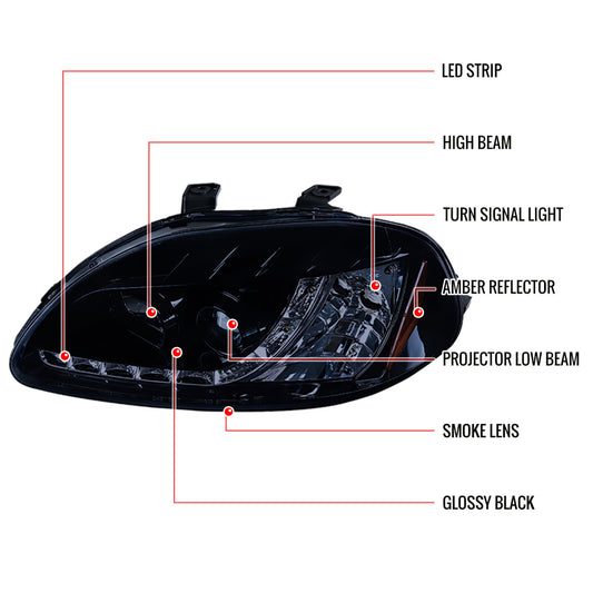 1996-1998 Honda Civic R8 Style Projector Spec-D Headlights Smoked
