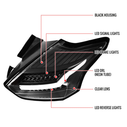 2015-2018 Ford Focus Hatchback LED Spec-D Tail Lights Black