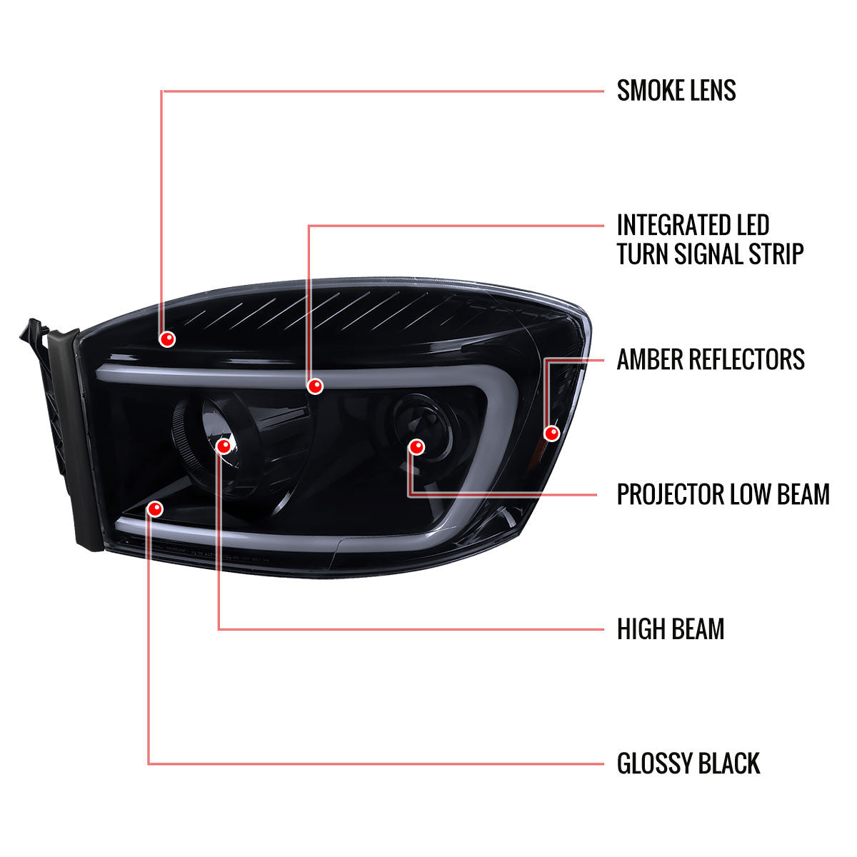 Spe-D 2006-2008 Dodge Ram LED Bar Projector Spec-D Headlights Black Smoked