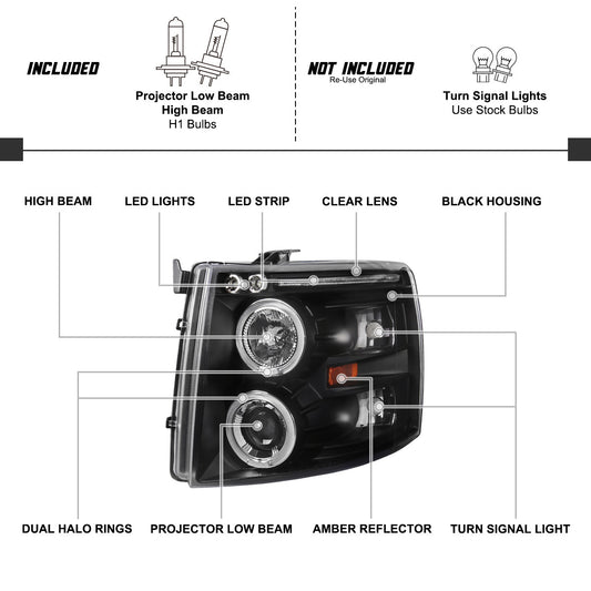2007-2010 Chevy Silverado Halo Projector Spec-D Headlights Black