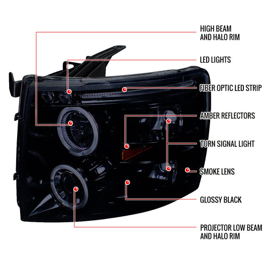 2007-2013 Chevy Silverado Projector Spec-D Headlights Black Smoked