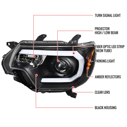 2012-2015 Toyota Tacoma Projector Spec-D Headlights LED Bar Black