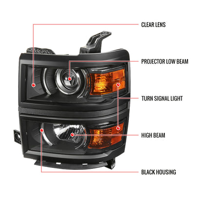 Spe-D 2014-2015 Silverado Projector Spec-D Headlights Black Clear