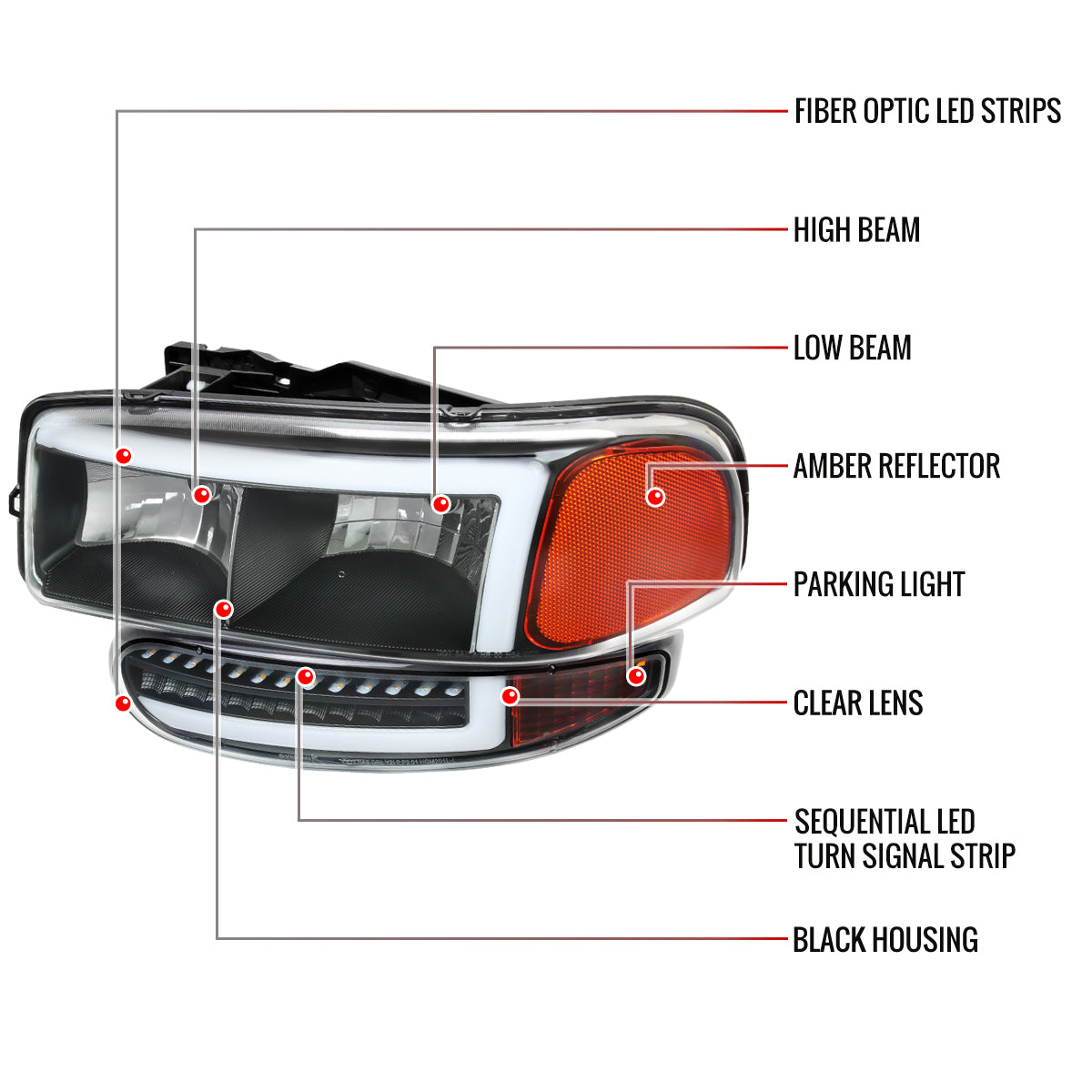 Spec-D 1999-2006 GMC Sierra Denali/2007 Sierra Classic Denali/2000-2006 Yukon/XL Denali OE Style with LED Sequential Turn Signal Bumper Lights Black Headlights