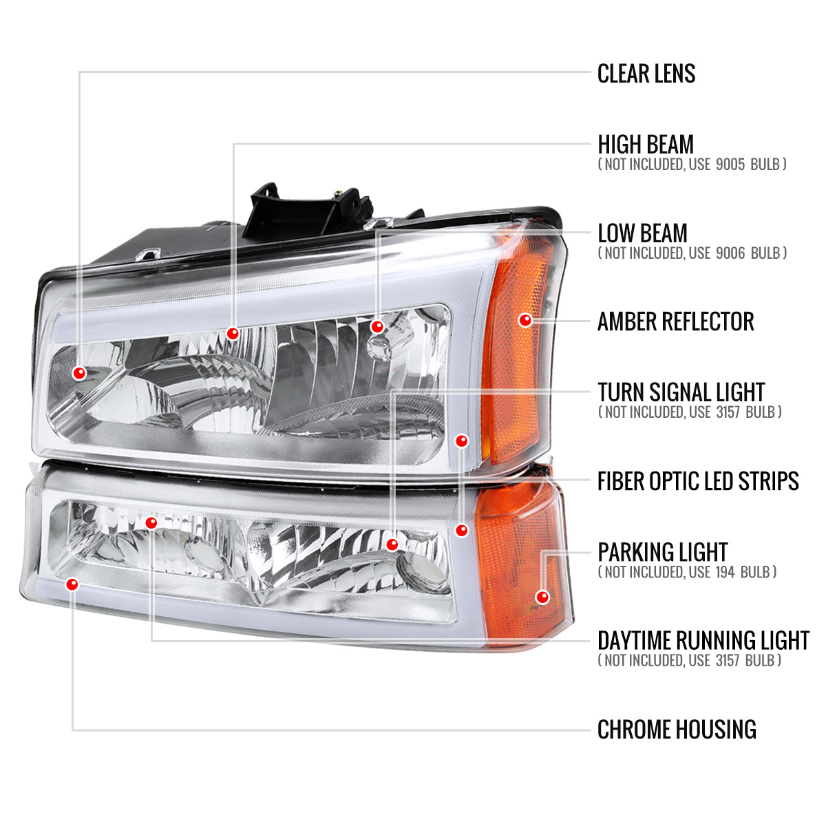 Spec-D Avalanche Silverado OE & 04 headlights