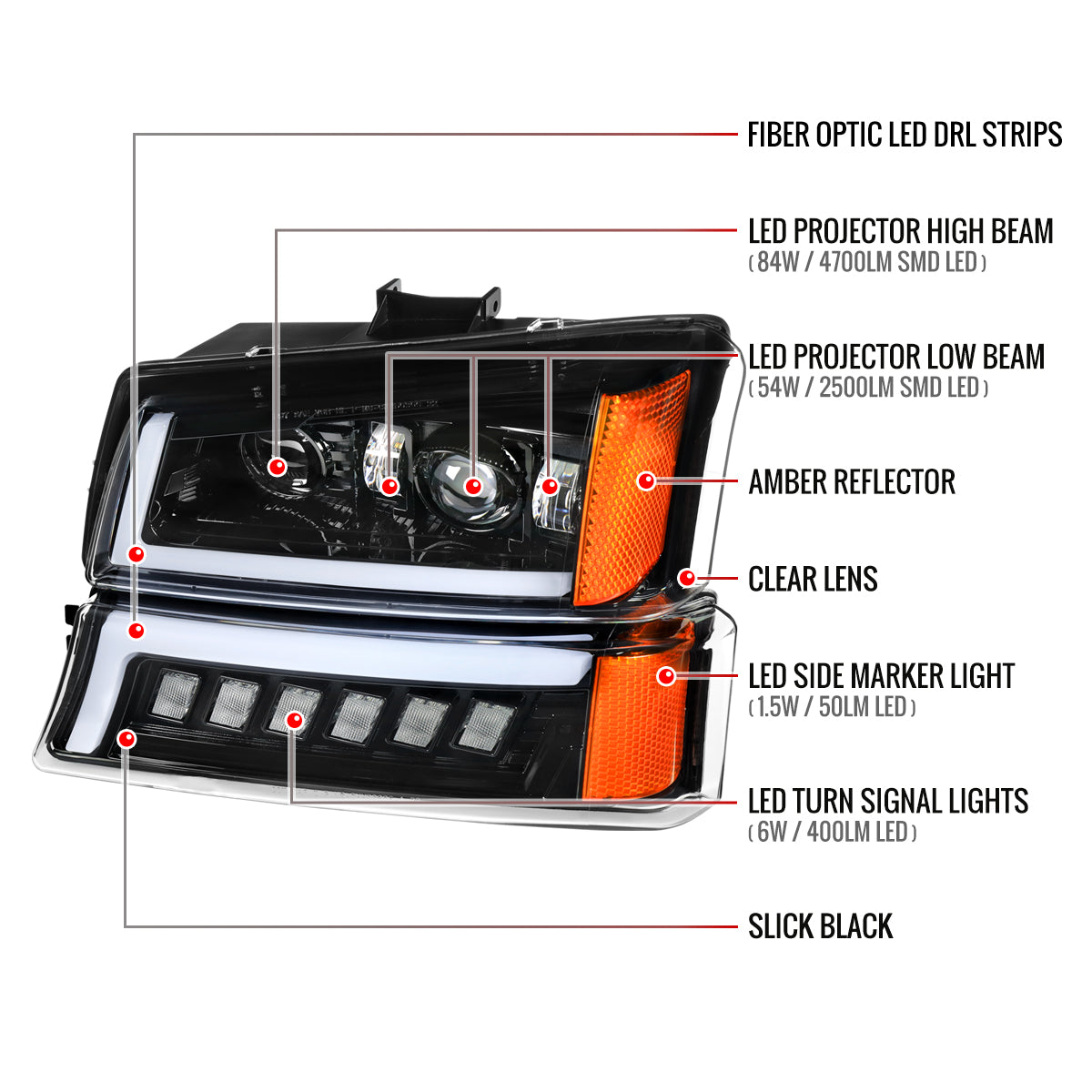 Spec-D 2003-2007 Chevrolet Silverado Avalanche LED Projector DRL w/ Bumper Lights J Black Headlights