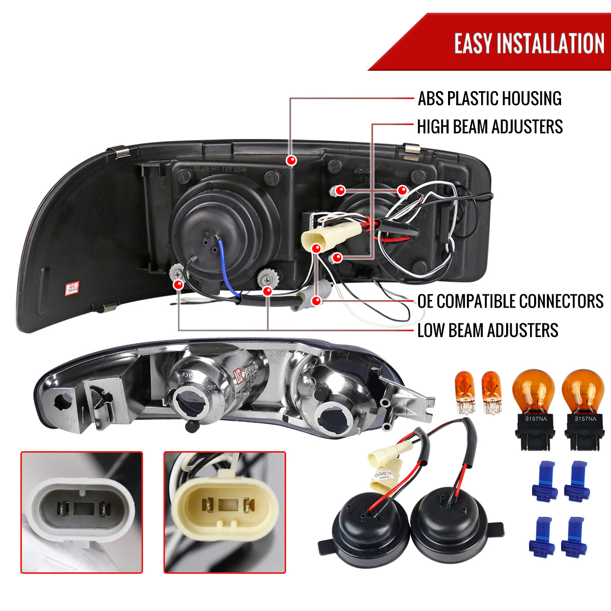 Spec-D 2001-2006 GMC Yukon + XL Denali/ 2002-2006 GMC Sierra Denali Dual Halo Projector w/ Bumper Lights GL Black w/Smoked Lens Headlights