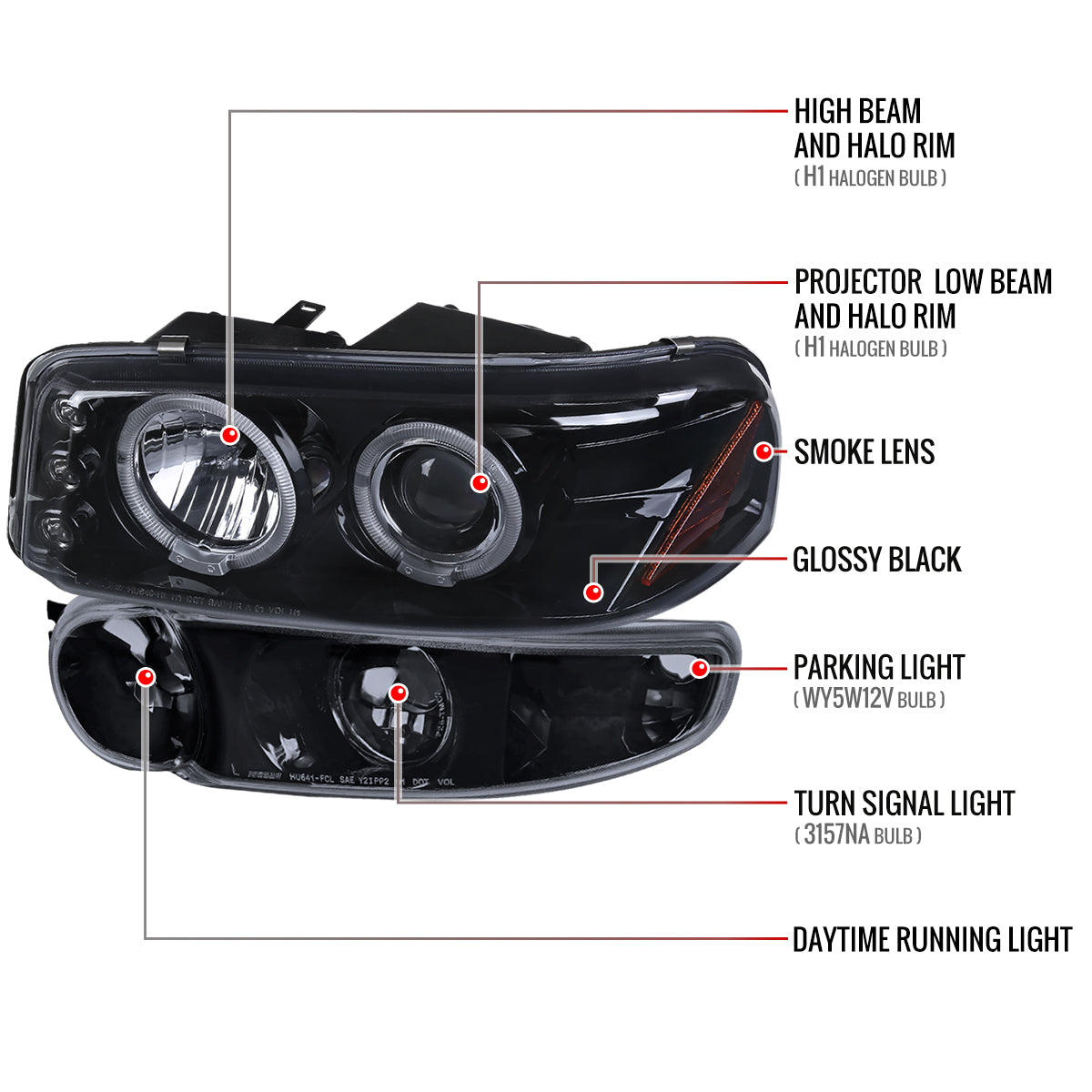 Spec-D 2001-2006 GMC Yukon + XL Denali/ 2002-2006 GMC Sierra Denali Dual Halo Projector w/ Bumper Lights GL Black w/Smoked Lens Headlights