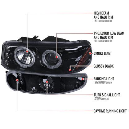 Spec-D 2001-2006 GMC Yukon + XL Denali/ 2002-2006 GMC Sierra Denali Dual Halo Projector w/ Bumper Lights GL Black w/Smoked Lens Headlights