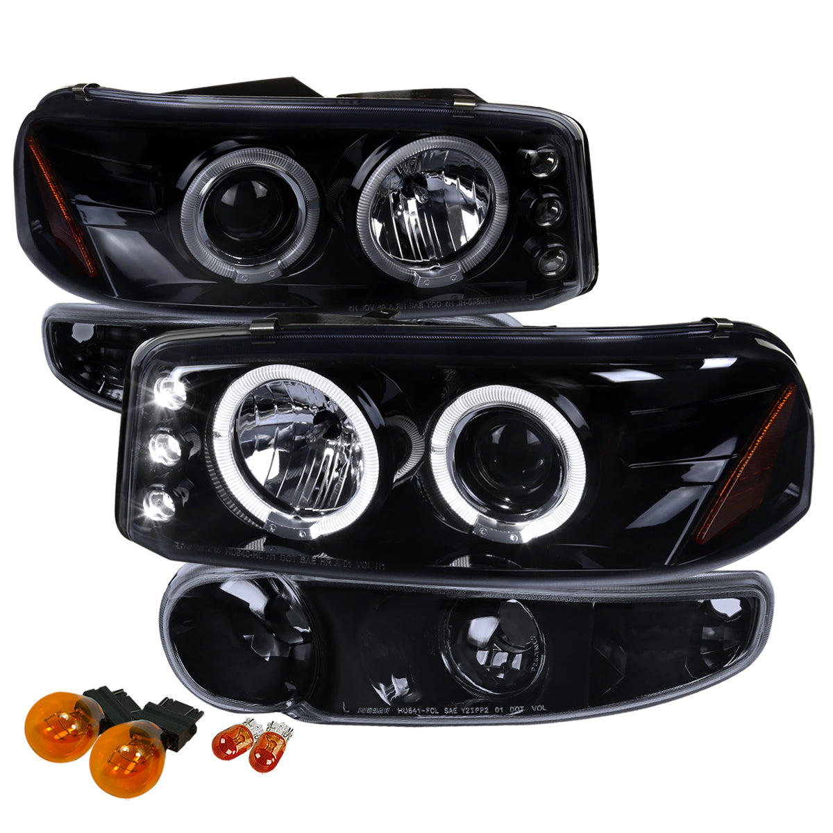 Spec-D 2001-2006 GMC Yukon + XL Denali/ 2002-2006 GMC Sierra Denali Dual Halo Projector w/ Bumper Lights GL Black w/Smoked Lens Headlights