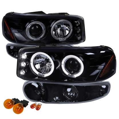 Spec-D 2001-2006 GMC Yukon + XL Denali/ 2002-2006 GMC Sierra Denali Dual Halo Projector w/ Bumper Lights GL Black w/Smoked Lens Headlights