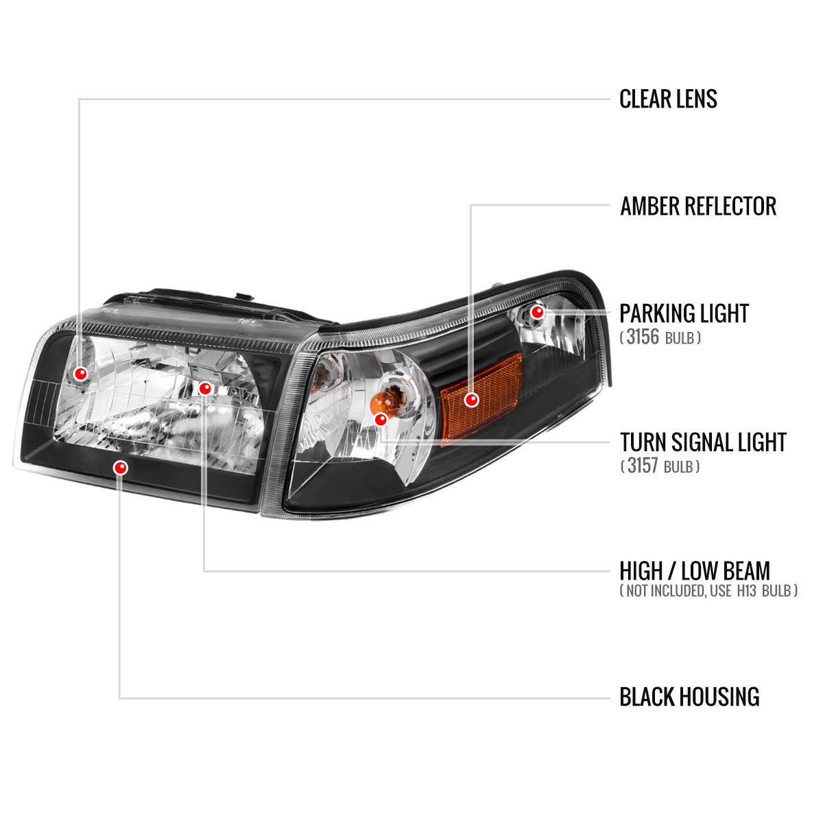 Spec-D 2006-2011 Mercury Grand Marquis OE Style and Corner Lamps Matte Black Headlights/Clear) Headlights