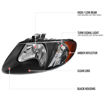 Spec-D 2001-2007 Dodge Caravan Chrysler Voyager/Town & Country OE Style Crystal Black Headlights