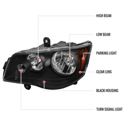 Spec-D 2008-2018 Dodge Grand Caravan Chrysler Town & Country OE Style Black Headlights