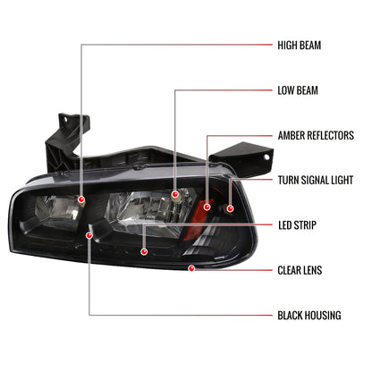 Spec-D 2006-2010 Dodge Charger 1PC Style LED OE Style w/ Amber Reflector Black Headlights