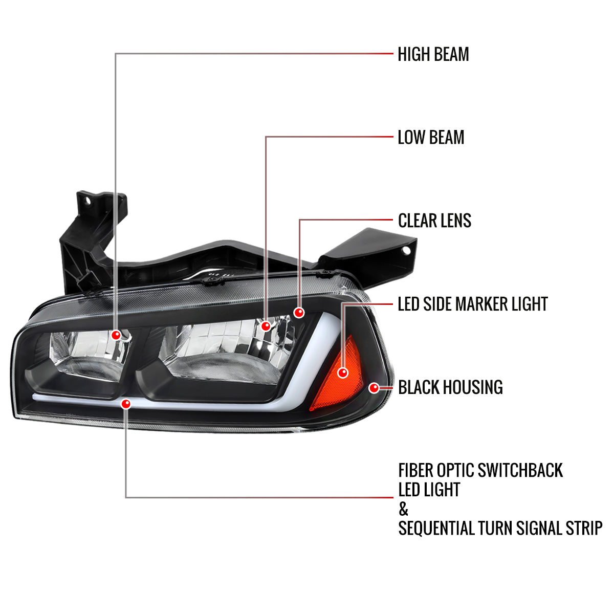 Spec-D 2006-2010 Dodge Charger Switchback Sequential LED Bar OE Style Black Headlights