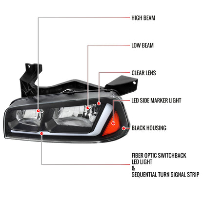 Spec-D 2006-2010 Dodge Charger Switchback Sequential LED Bar OE Style Black Headlights