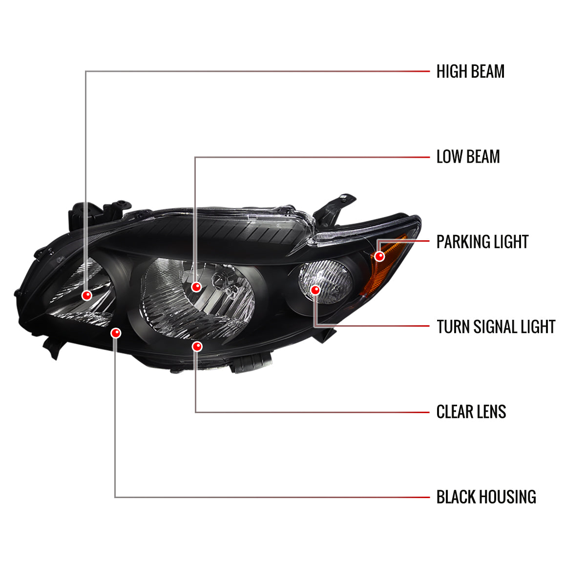 Spec-D 2009-2010 Toyota Corolla OE Style Crystal w/ Amber Reflector Black Headlights